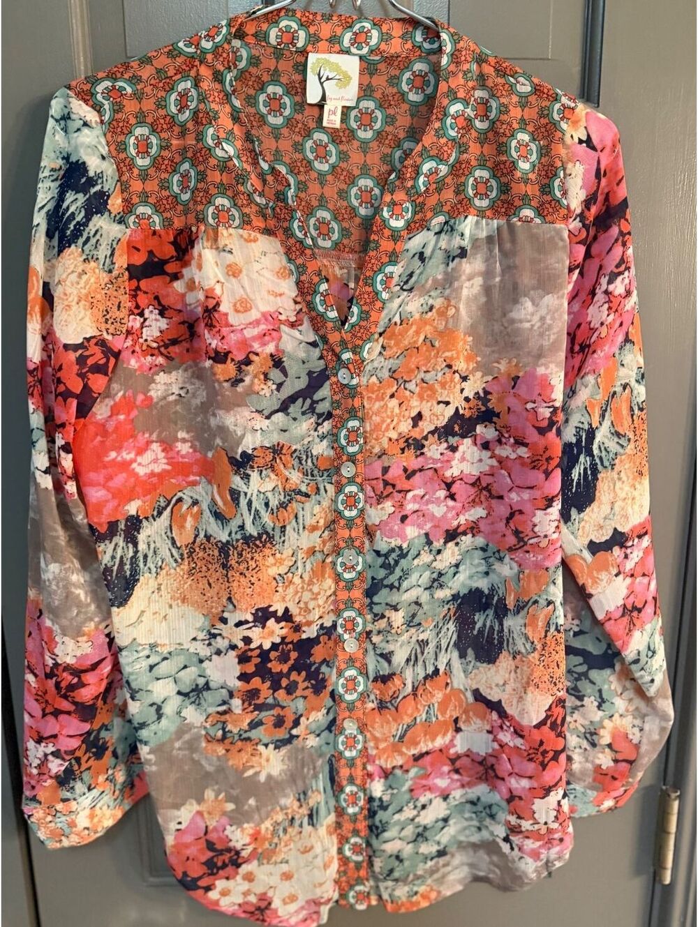 Anthro Women's Fig & Flower Boho Patchwork Floral Button-Down Blouse Sz PL